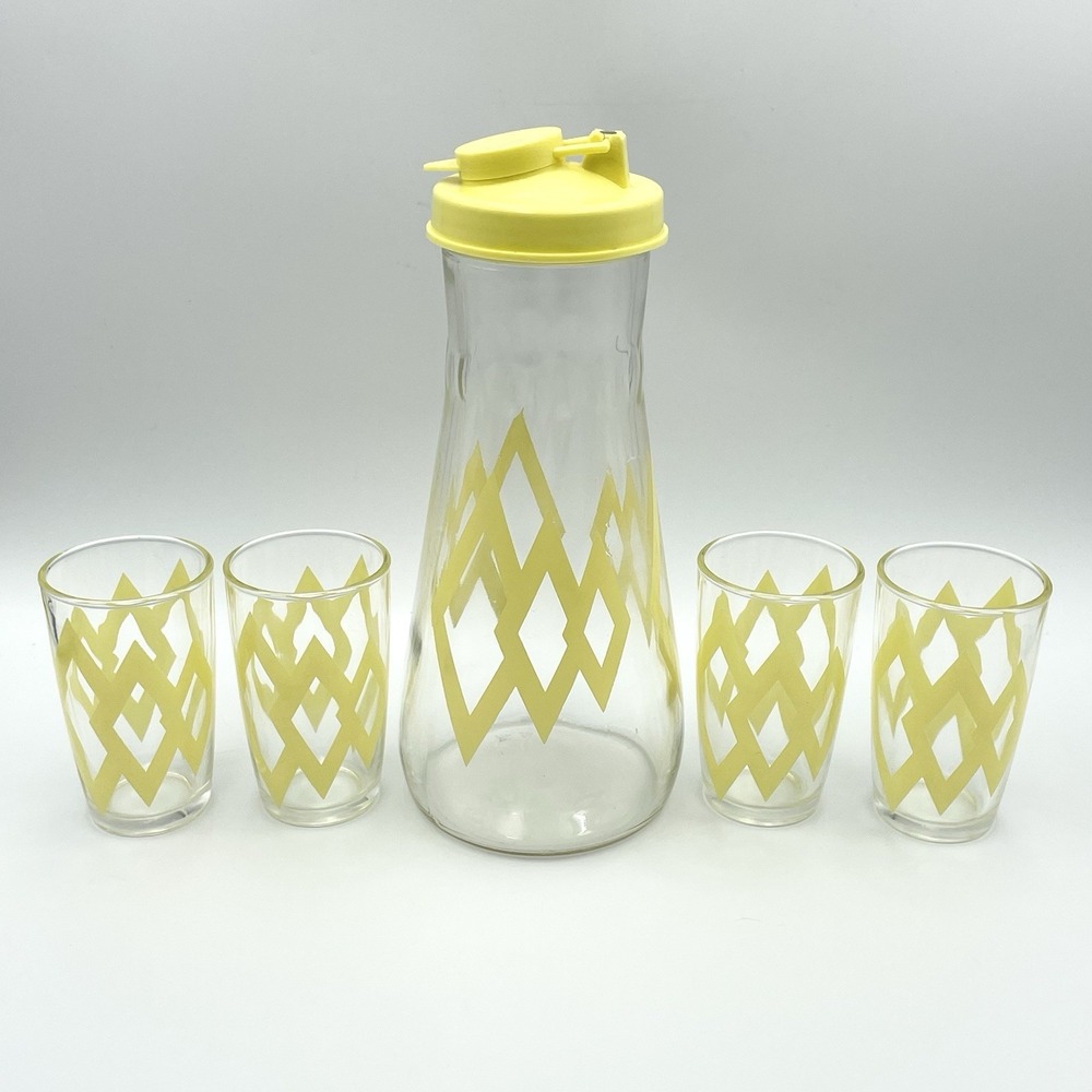 Vintage 1960s Hazel Atlas Shake N Pour Yellow Diamond Decanter 4 Glasses Set